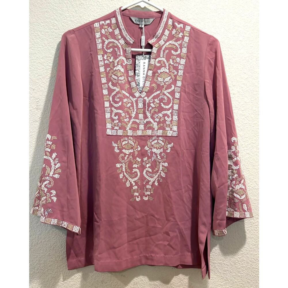 Ranna Gill NWT Pink Mauve Silk Blend Sequin Long Sleeve Tunic Top Size S